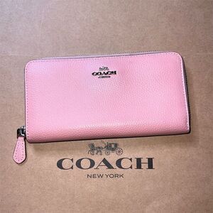 COACH Leather Wallet Long Zip-Around Pink w Silver Hardware AUTHENTIC